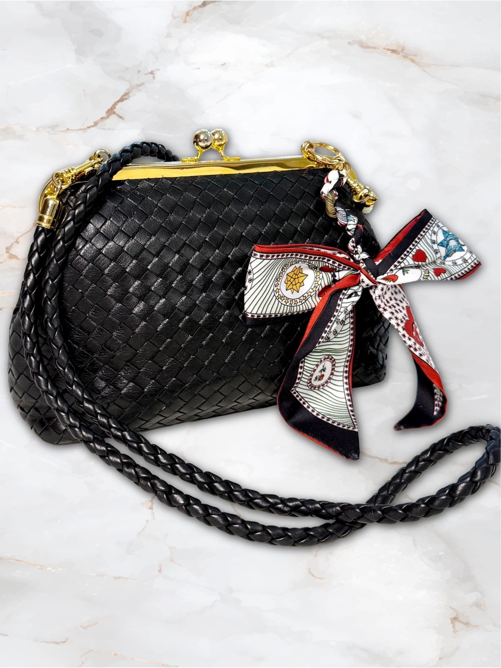 Vintage Black Woven Leather Kiss Lock Frame Bag 2 Way • Clutch Shoulder Purse - Picture 15 of 15